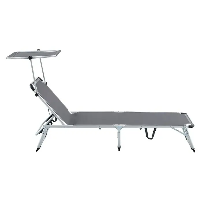 Sunfun Campingliege mit Sonnendach - Night-Grey, Aluminium, Textilene - Graue Sonnenliege mit verstellbarem Sonnendach und silberfarbenem Metallgestell für den Außenbereich. Ideal zum Entspannen im Garten.