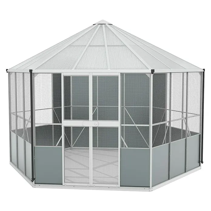 Vitavia Voliere Circus - L x B x H: 383,3 x 336 x 283,7 cm, Aluminium, Aluminium - Das Bild zeigt ein großes, achteckiges Vogelhaus oder eine Voliere mit einem weißen Rahmen und einer Netzstruktur. Es bietet einen sicheren Raum.