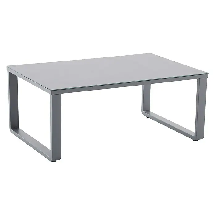 Sunfun Maja Loungetisch - L x B x H: 110 x 73 x 46 cm, Aluminium, Sicherheitsglas, Night-Grey - Nahaufnahme eines modernen Couchtisches mit einer grauen Glasplatte und einem schlanken Metallrahmen, der ein minimalistisches Design aufweist.