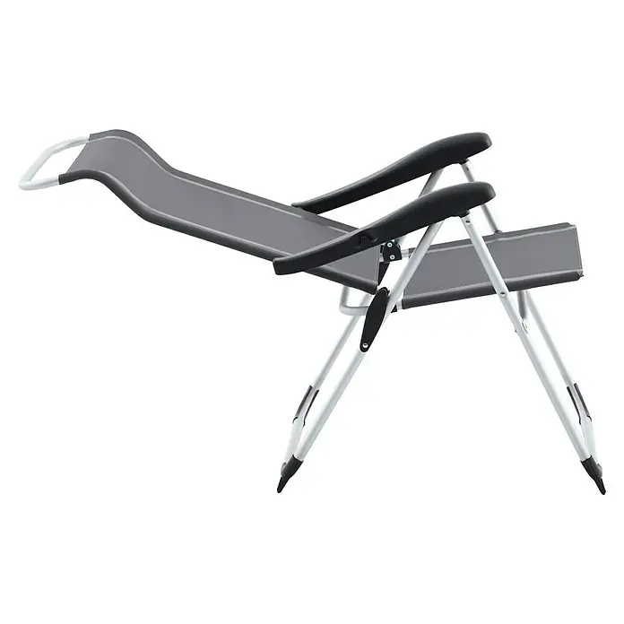 Sunfun Campingstuhl - B x T x H: 56 x 70,5 x 108 cm, Night-Grey, Aluminium, Textilene - Abbildung eines Grauen Relaxliegestuhls mit silbernem Gestell, der zum Entspannen und Genießen im Freien einlädt.