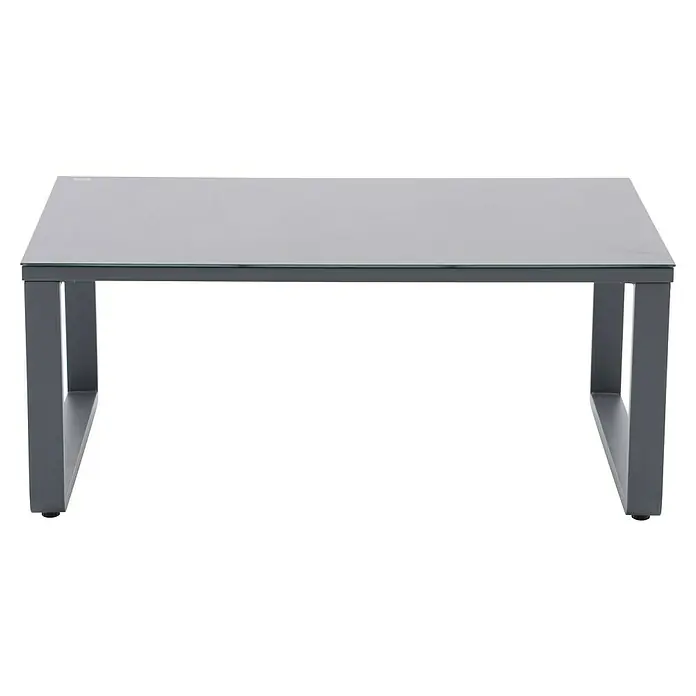 Sunfun Maja Loungetisch - L x B x H: 110 x 73 x 46 cm, Aluminium, Sicherheitsglas, Night-Grey - Das Bild zeigt einen modernen Couchtisch mit einer grauen Tischplatte und einem robusten, metallenen Untergestell. Das minimalistische Design passt zu vielen Einrichtungsstilen.