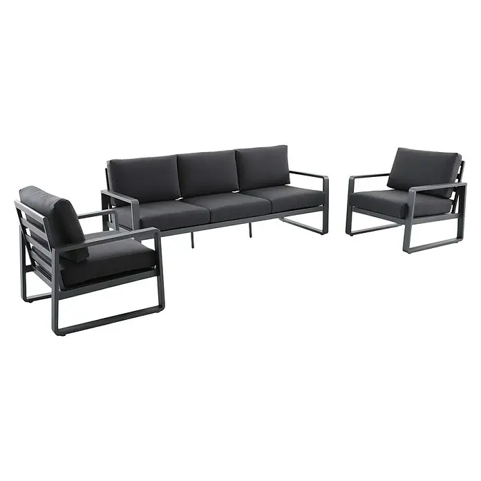 Sunfun Maja Loungesofa 3-Sitzer - B x T x H: 203 x 76 x 74,5 cm, Aluminium, Olefin, Night-Grey - Ein modernes Loungeset in Grau, bestehend aus einem Dreisitzer-Sofa und zwei Sesseln mit klaren Linien und robustem Rahmen.