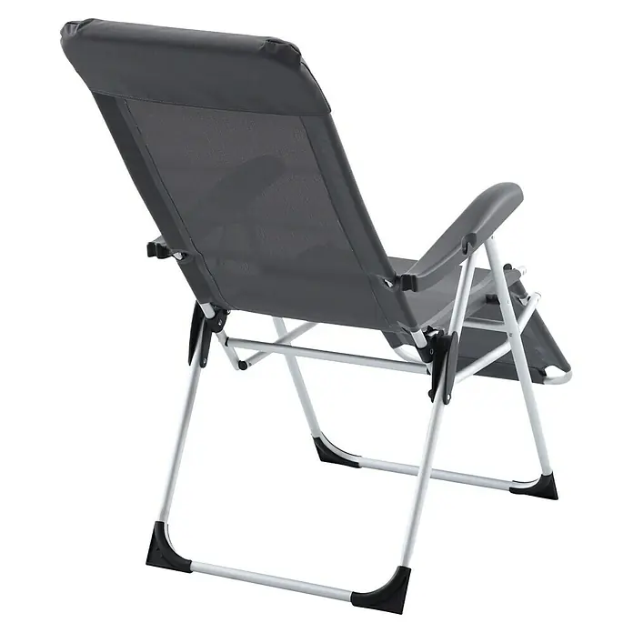 Sunfun Campingstuhl mit Kopfkissen - B x T x H: 57 x 80 x 118 cm, Night-Grey, Aluminium, Textilene - Ansicht eines grauen, zusammenklappbaren Relaxsessels mit weißem Rahmen und Fußstütze. Ideal für entspannte Stunden im Freien.