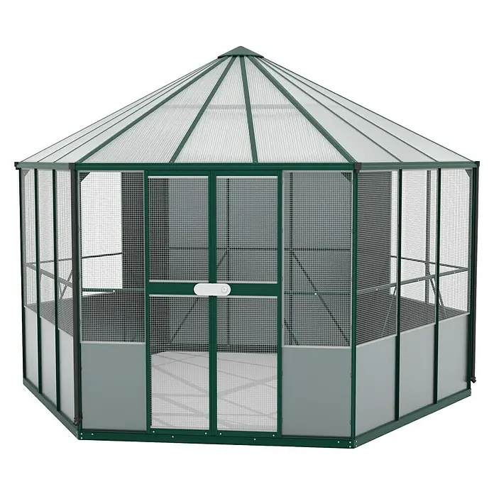 Vitavia Voliere Circus - L x B x H: 383,3 x 336 x 283,7 cm, Smaragd, Aluminium - Detailansicht eines grünen, sechseckigen Gartenpavillons mit Polycarbonatdach und feinmaschigem Netz. Der Pavillon verfügt über eine Tür mit Griff.