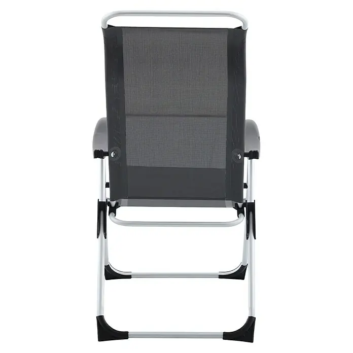 Sunfun Campingstuhl - B x T x H: 56 x 70,5 x 108 cm, Night-Grey, Aluminium, Textilene - Ansicht eines verstellbaren Campingstuhls mit silbernem Gestell und dunkelgrauer Sitzfläche. Ideal für den Außenbereich.