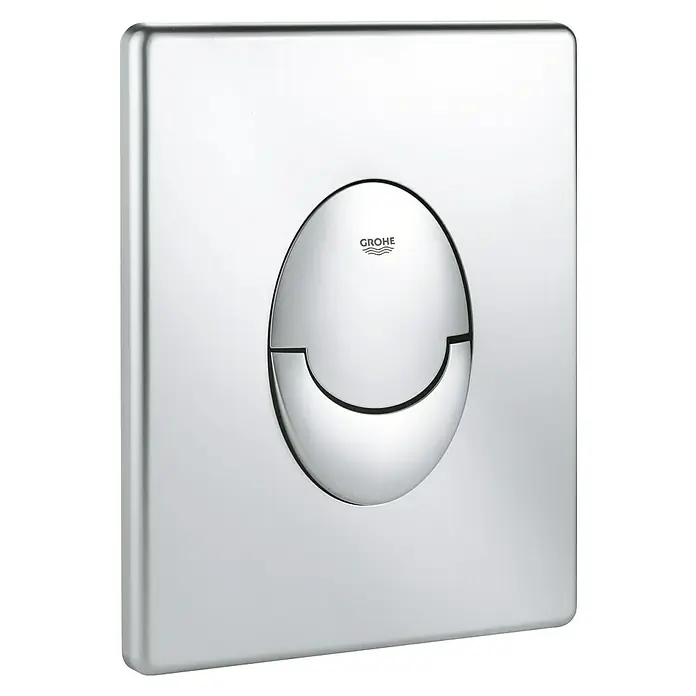 Grohe Start Betätigungsplatte Start - Chrom, 2-Mengen-Spülung - Nahaufnahme einer Grohe Betätigungsplatte für die WC-Spülung, Chrom-Design, quadratische Form mit runder Tastenform für moderne Badezimmer.