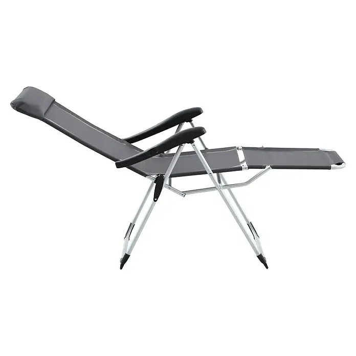 Sunfun Campingstuhl mit Kopfkissen - B x T x H: 57 x 80 x 118 cm, Night-Grey, Aluminium, Textilene - Die Abbildung zeigt einen grauen Relaxsessel mit einem stabilen, weißen Metallrahmen, der zum Entspannen im Garten oder auf der Terrasse einlädt.