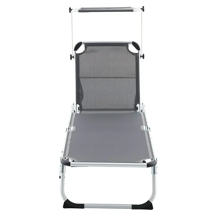 Sunfun Campingliege mit Sonnendach - Night-Grey, Aluminium, Textilene - Dieses Bild zeigt eine graue Sonnenliege mit einem verstellbaren Rückenteil und einem silbernen Rahmen, die für Entspannung im Freien konzipiert ist.