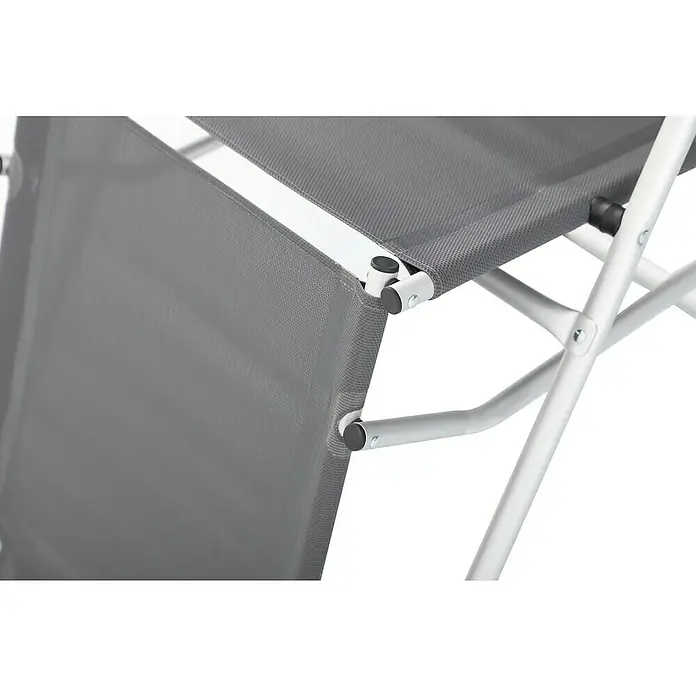 Sunfun Campingstuhl mit Kopfkissen - B x T x H: 57 x 80 x 118 cm, Night-Grey, Aluminium, Textilene - Nahaufnahme eines grauen Liegestuhls mit weißem Rahmen, der Komfort und Funktionalität für den Außenbereich bietet.