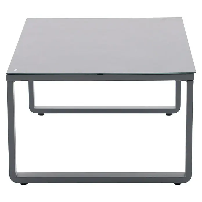 Sunfun Maja Loungetisch - L x B x H: 110 x 73 x 46 cm, Aluminium, Sicherheitsglas, Night-Grey - Ein grauer Couchtisch mit einer Glasplatte und einem schlichten, modernen Design. Der Tisch verfügt über zwei Ablageflächen unter der Tischplatte.