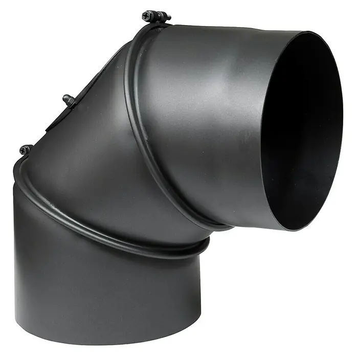 Ofenrohrbogen - Durchmesser: 150 mm, 0 ° - 90 °, Schwarz - Schwarzes Ofenrohr-Bogenstück mit Sicherungsklammern. Ideal für Kamin- und Ofeninstallationen, robust und langlebig für sichere Abgasführung.