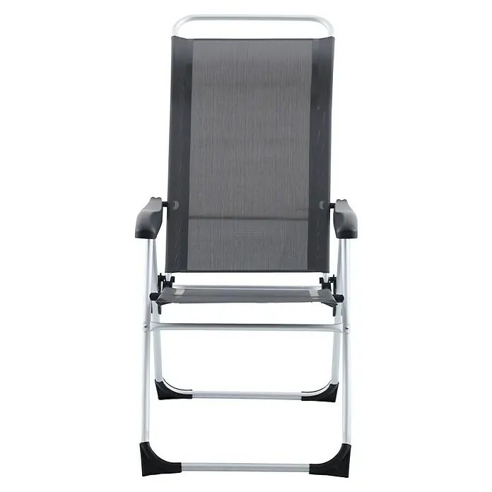 Sunfun Campingstuhl - B x T x H: 56 x 70,5 x 108 cm, Night-Grey, Aluminium, Textilene - Eine detaillierte Aufnahme eines grauen, verstellbaren Gartenstuhls mit silberfarbenem Rahmen, der Komfort und Stil für den Außenbereich bietet.