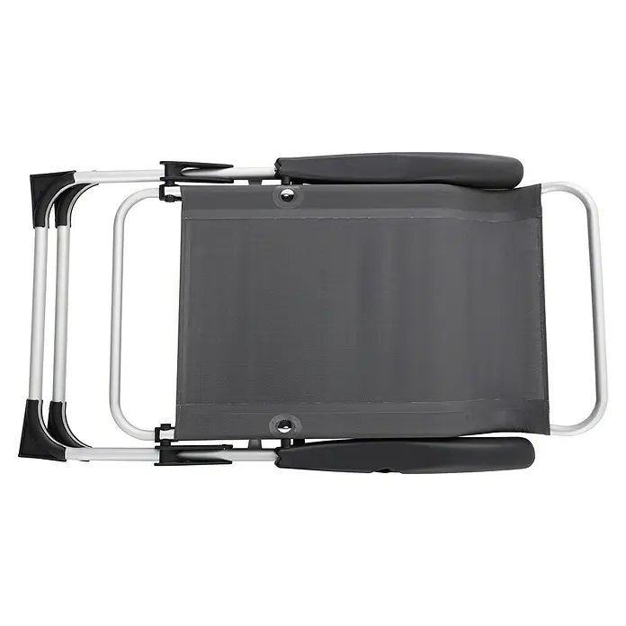 Sunfun Campingstuhl - B x T x H: 56 x 70,5 x 108 cm, Night-Grey, Aluminium, Textilene - Obenansicht eines grauen Campingstuhls mit silbernem Rahmen und schwarzen Armlehnen, ideal für Outdoor-Aktivitäten.