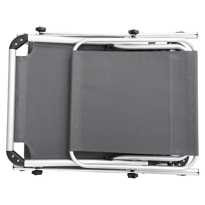Sunfun Campingliege mit Sonnendach - Night-Grey, Aluminium, Textilene - Das Bild zeigt eine zusammengeklappte, graue Hundeliege mit einem silbernen Metallrahmen. Das Hundebett ist platzsparend verstaut und leicht zu transportieren.