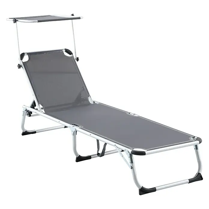 Sunfun Campingliege mit Sonnendach - Night-Grey, Aluminium, Textilene - Graue Sonnenliege mit verstellbarer Rückenlehne und Sonnendach für entspanntes Sonnenbaden im Garten oder am Pool.