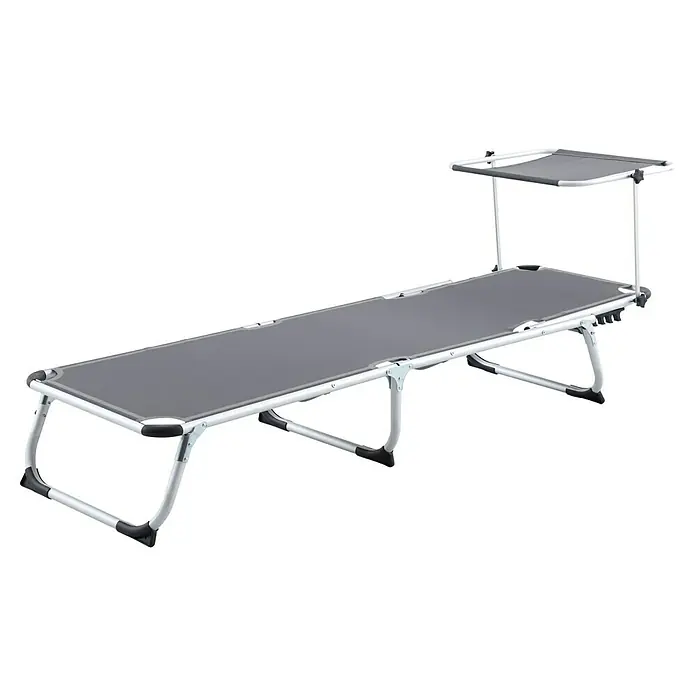 Sunfun Campingliege mit Sonnendach - Night-Grey, Aluminium, Textilene - Graue Sonnenliege mit verstellbarem Sonnendach, ideal für den Garten oder den Strand, bietet Komfort und Schutz vor der Sonne.