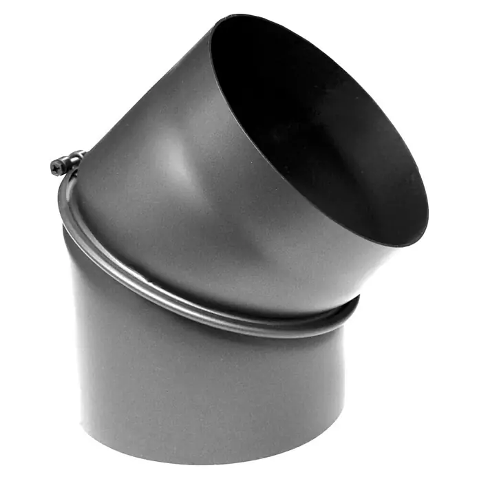 Ofenrohrbogen - Durchmesser: 150 mm, 0 ° - 45 °, Dunkelgrau - Metallrohrbogen mit Klemme, ein nützliches Zubehör für Lüftungs- und Abgassysteme. Robuste Konstruktion für zuverlässige Verbindungen in verschiedenen Anwendungen.