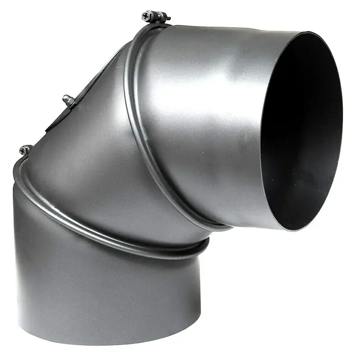 Ofenrohrbogen - Durchmesser: 150 mm, 0 ° - 90 °, Dunkelgrau - Ein metallisches Rauchrohrbogenstück, verbunden mit Spannbändern, vor einem schwarzen Hintergrund präsentiert.