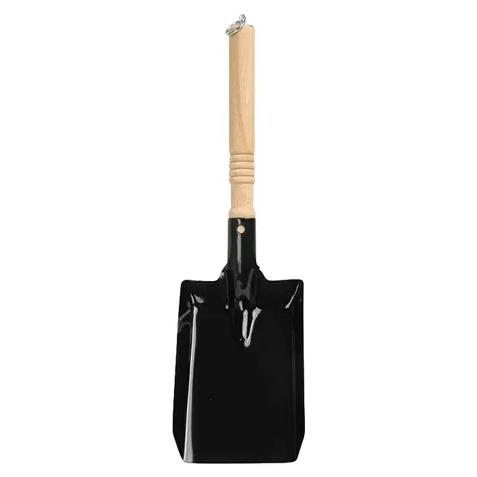Kohleschaufel - Schwarz/Holz, Schaufelgröße 18 - Ein schwarzer Spaten mit kurzem Holzgriff und einem Metallring am Ende des Griffs. Praktisch für Gartenarbeiten und zum Umtopfen von Pflanzen.