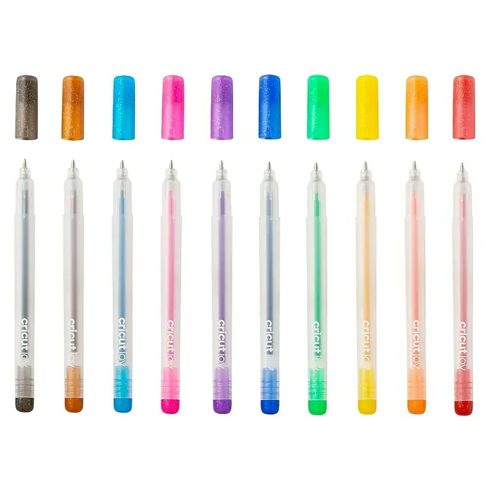 Cricut Joy Gelroller-Set Glitzergelstifte - 10 -tlg., Mehrfarbig, Strichstärke: 0,8 mm, Glitzernd - Eine Nahaufnahme einer Sammlung von Cricut Joy Gelstiften in verschiedenen Farben, die in zwei Reihen angeordnet sind.