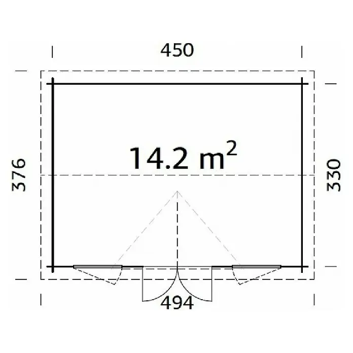 Palmako Gartenhaus Claudia - Außenmaß inkl. Dachüberstand (B x T): 494 x 376 cm, Tauchgrundiertes Holz, Grau - Grundriss des Blockhauses mit den Maßen 450 x 376 cm und einer Fläche von 14,2 m².