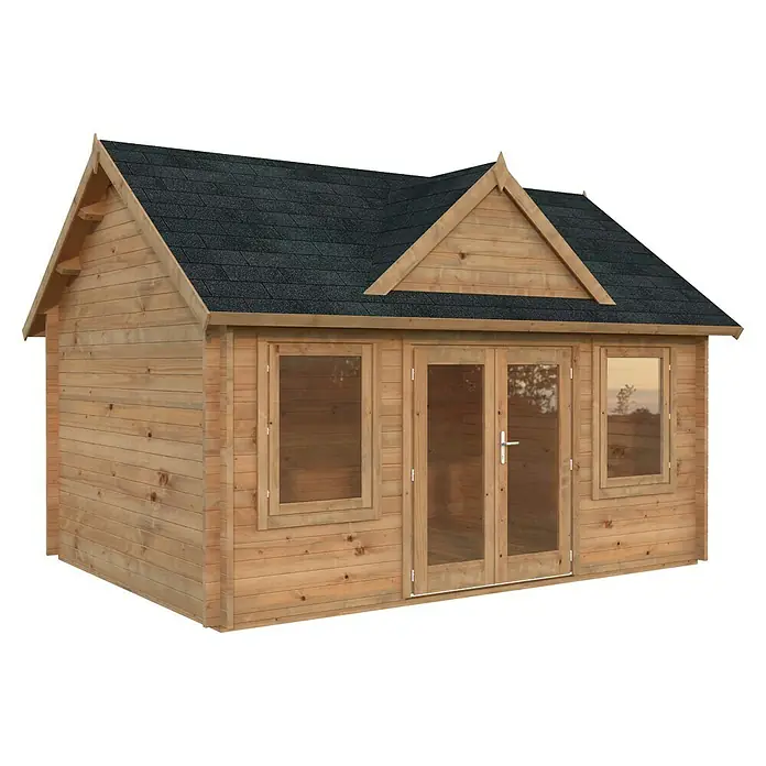 Palmako Gartenhaus Claudia - Außenmaß inkl. Dachüberstand (B x T): 494 x 376 cm, Tauchgrundiertes Holz, Hellbraun - Abbildung eines hölzernen Gartenhauses mit dunklem Dach. Das Haus hat Doppeltüren und Fenster an den Seiten.