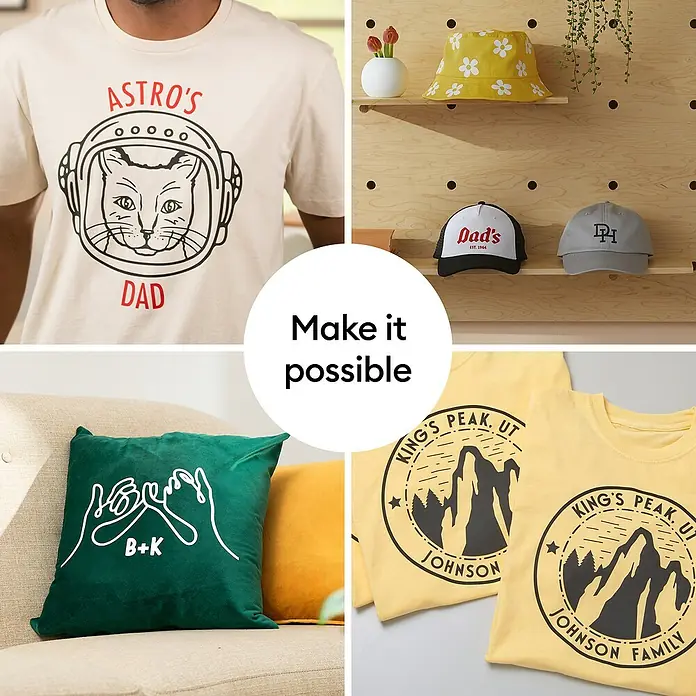 Cricut Aufbügelfolie Smart Iron-On - Gold, L x B: 91,4 x 33 cm, Passend für: Cricut Explore® 3 & 4, Cricut Maker® 3 & 4 - Collage mit personalisierten Artikeln wie T-Shirts, Kissen und Hüten, die individuelle Designs und Botschaften zeigen.