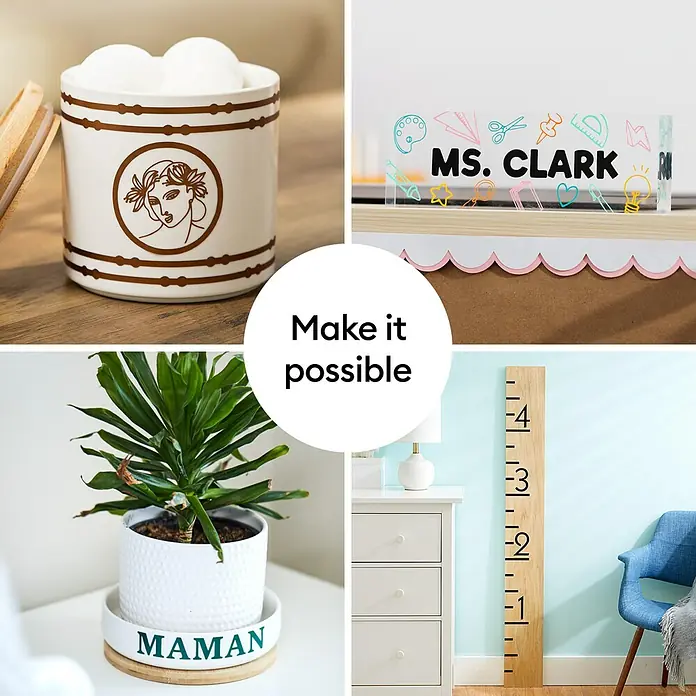 Cricut Joy Xtra Vinylfolie Smart Vinyl Permanent - 1 Stk., Champagner, 91,4 x 24,1 cm - Verschiedene personalisierte Artikel, darunter ein Behälter, ein Namensschild, ein Blumentopf und ein Wachstumsdiagramm.
