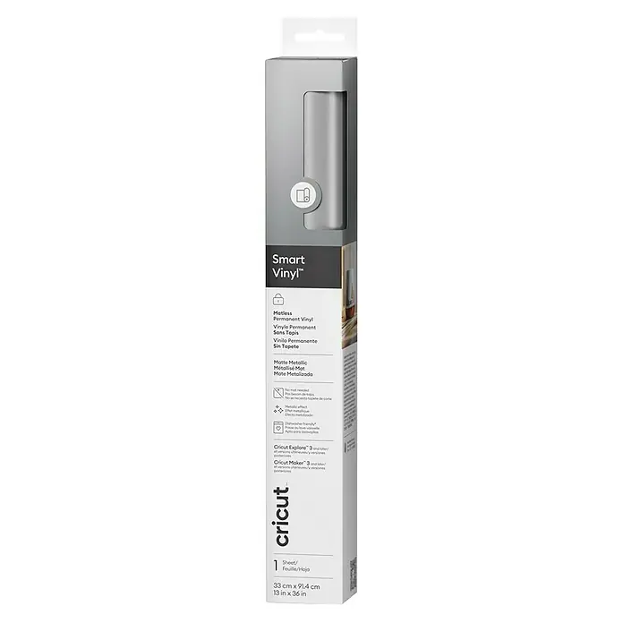Cricut Vinylfolie Smart Vinyl Permanent - 1 Stk., Silber, 91,4 x 33 cm, Selbstklebend - Produktverpackung von Cricut Smart Vinyl™ Matte Metallic: Eine Rolle selbstklebende Vinylfolie in matter Metallic-Optik für Cricut Schneideplotter.