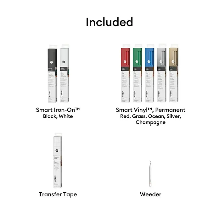 Cricut Vinylfolie Materials Starter Bundle - 9 -tlg., Bunt - Im Bild sind Cricut Smart Iron-On (Schwarz, Weiß), Smart Vinyl (Rot, Grün, Ozean, Silber, Champagner), Transferfolie und ein Entgitterhaken enthalten.
