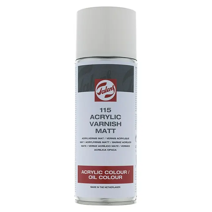 Talens Barniz spray acrílico 115 - Incoloro, 400 ml, Mate - Bote de spray Talens 115 de barniz acrílico mate, diseñado para colores acrílicos y al óleo, que ofrece un acabado mate duradero.