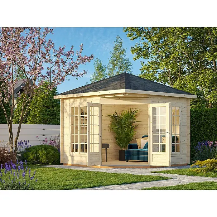 Palmako Caseta de jardín Melanie - Medidas ext. (An x Pr): 322 x 322 cm, Madera, Natural, 7 m² - Elegante casa de jardín con puertas dobles, rodeada de exuberante vegetación. Perfecta para relajarse y disfrutar al aire libre con luz natural.