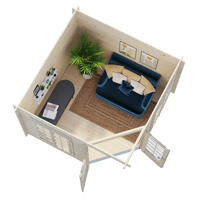 Palmako Caseta de jardín Melanie - Medidas ext. (An x Pr): 322 x 322 cm, Madera, Natural, 7 m² - Vista interior de una cabaña de madera moderna con muebles elegantes, incluyendo sofá y decoración.