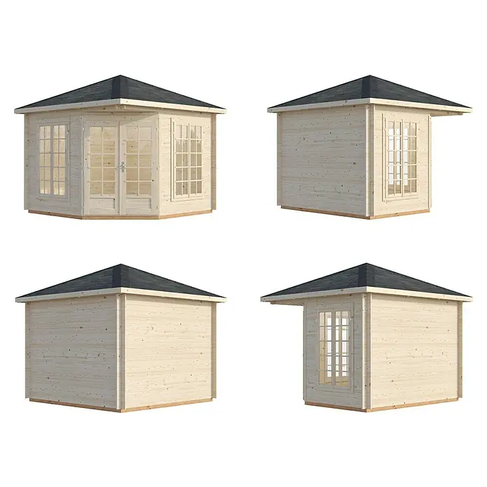 Palmako Caseta de jardín Melanie - Medidas ext. (An x Pr): 322 x 322 cm, Madera, Natural, 7 m² - Vistas varias de una caseta de jardín de madera con techo oscuro. Ideal para el jardín como refugio.