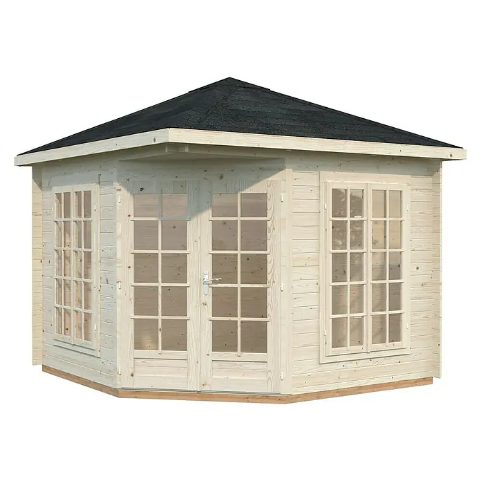Palmako Caseta de jardín Melanie - Medidas ext. (An x Pr): 322 x 322 cm, Madera, Natural, 7 m² - Caseta de jardín de madera con puerta doble y ventanas, ideal para relajarse en el jardín. La caseta ofrece protección y un refugio acogedor.