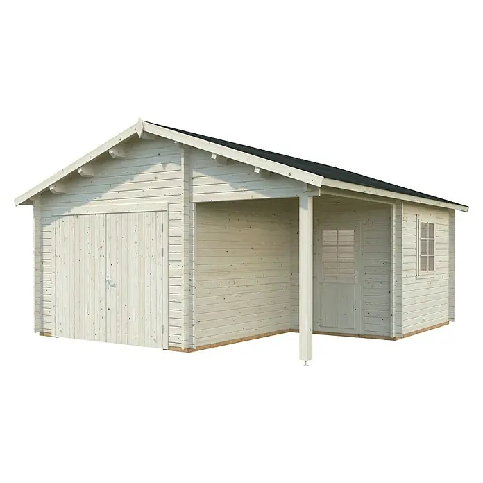 Palmako Garaje Roger con puerta abatible - Medidas ext. (An x Pr): 564 x 601 cm, Madera, Natural, 27,1 m² - En la foto se muestra un cobertizo de madera con garaje y una zona cubierta. La casa de madera tiene un techo negro y un color de madera gris.