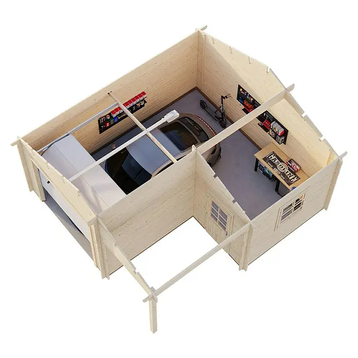 Palmako Garaje Roger con puerta seccional - Medidas ext. (An x Pr): 564 x 601 cm, Madera, Natural, 27,1 m² - Vista aérea de un modelo de garaje de madera con dos coches, herramientas y unidades de almacenamiento.