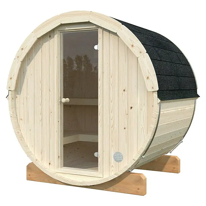 Palmako Fasssauna Anita - Natur, Ohne Ofen, Glastür, 164 x 208 x 206 cm - Abgebildete Fasssauna mit Glastür und Bitumendach. Die Sauna steht auf Holzbalken und lädt zum Entspannen ein.
