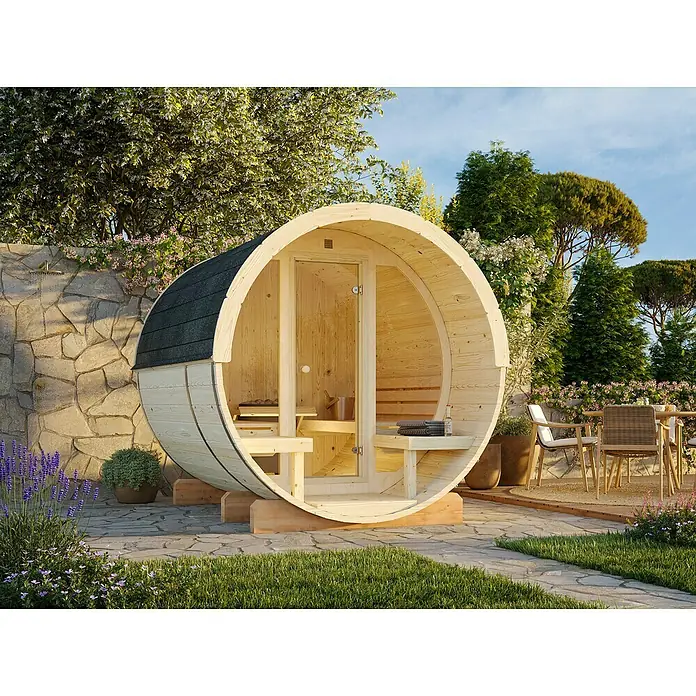 Palmako Fasssauna Anita - Natur, Ohne Ofen, Verglaste Front, 254 x 226 x 225 cm - Einladende Fasssauna im Gartenbereich mit Holzbänken und Glasfront. Ideal für entspannende Momente im Freien mit stilvollem Design.