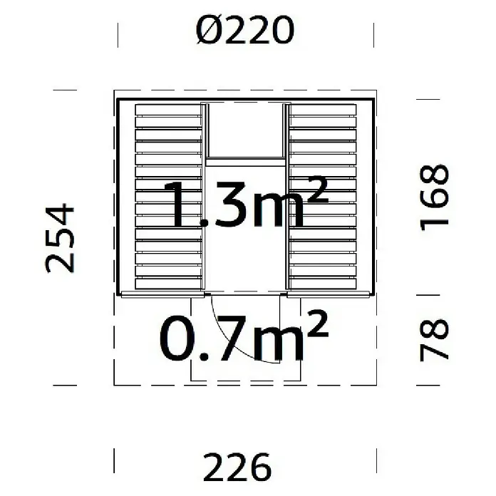 Palmako Fasssauna Anita - Natur, Ohne Ofen, Verglaste Front, 254 x 226 x 225 cm - Draufsicht des Bungalow-Grundrisses mit Abmessungen und Flächenangaben für die Raumaufteilung.