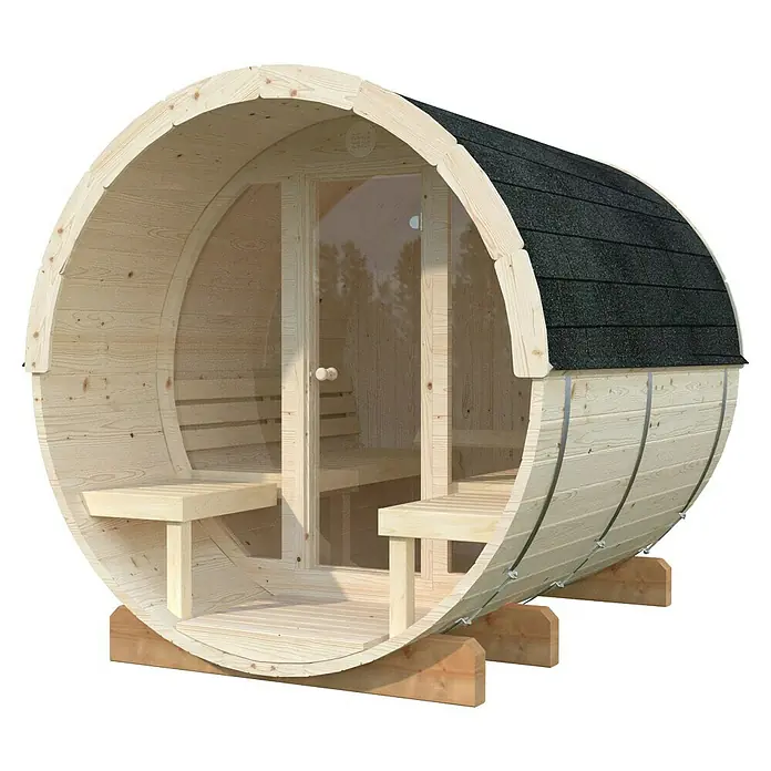 Palmako Fasssauna Anita - Natur, Ohne Ofen, Verglaste Front, 254 x 226 x 225 cm - Fassförmige Gartensauna mit Holzbänken, gläserner Tür und Bitumenschindeln. Ideal für Entspannung im eigenen Garten.