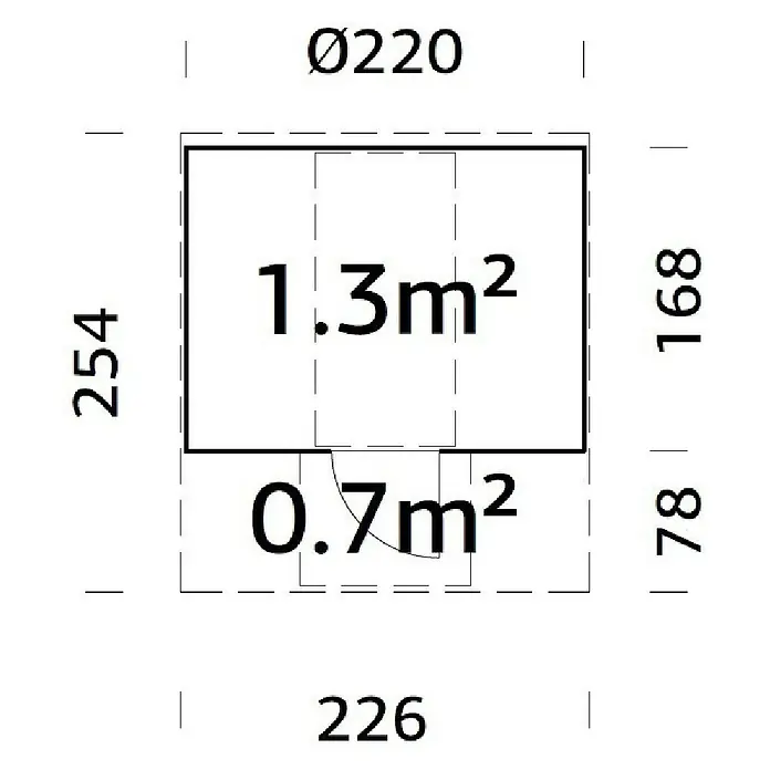 Palmako Fasssauna Anita - Natur, Ohne Ofen, Glastür, 254 x 226 x 225 cm - Abbildung eines Bauplans mit den Maßen und Flächenangaben eines kleinen Gebäudes oder einer Struktur.