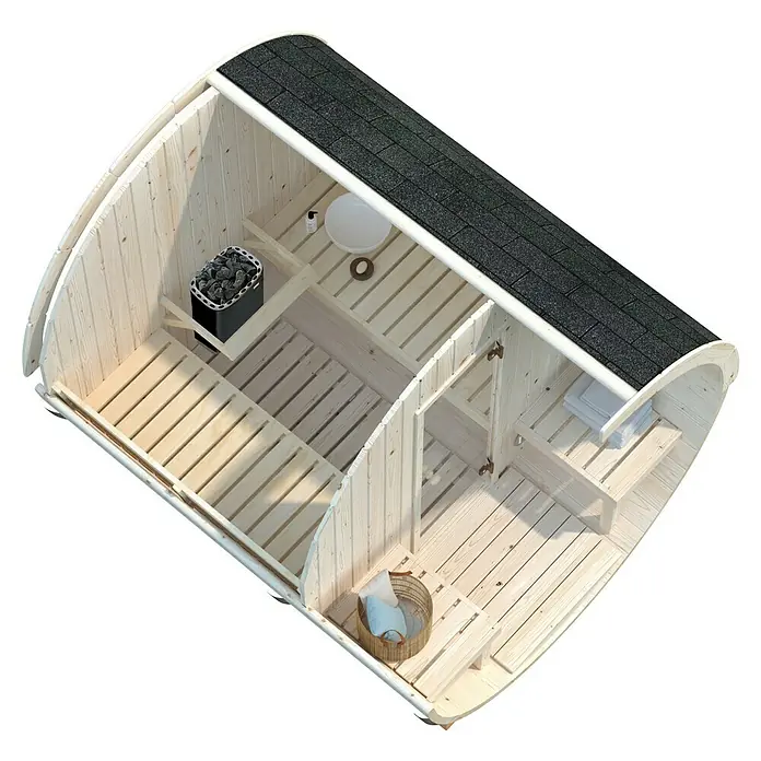 Palmako Fasssauna Anita - Natur, Ohne Ofen, Glastür, 254 x 226 x 225 cm - Ansicht eines Barrel-Sauna-Kits mit Holzofen, Bänken und Zubehör für ein entspannendes Saunaerlebnis im Innenbereich.
