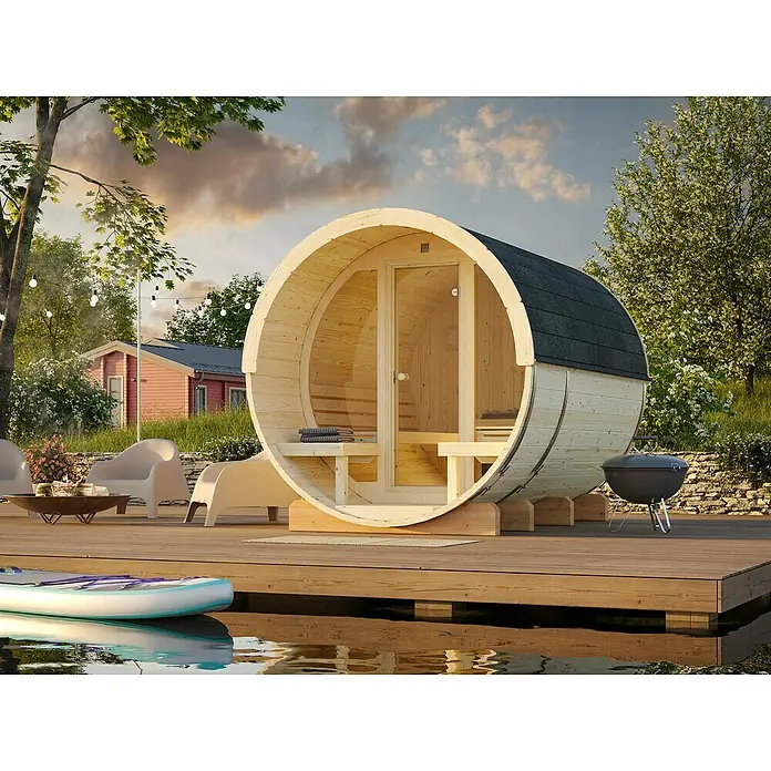 Palmako Fasssauna Anita - Natur, Ohne Ofen, Verglaste Front, 294 x 226 x 225 cm - Fasssauna im Freien auf einer Holzterrasse mit Grill. Ideal für Entspannung und Wellness im Garten.