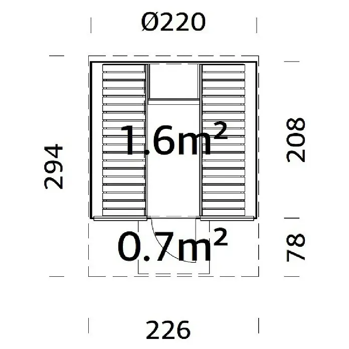 Palmako Fasssauna Anita - Natur, Ohne Ofen, Verglaste Front, 294 x 226 x 225 cm - Grundrisszeichnung eines Lagerraums mit den Maßen Ø220, 294, 226 und 208, sowie Flächenangaben von 1.6m² und 0.7m².