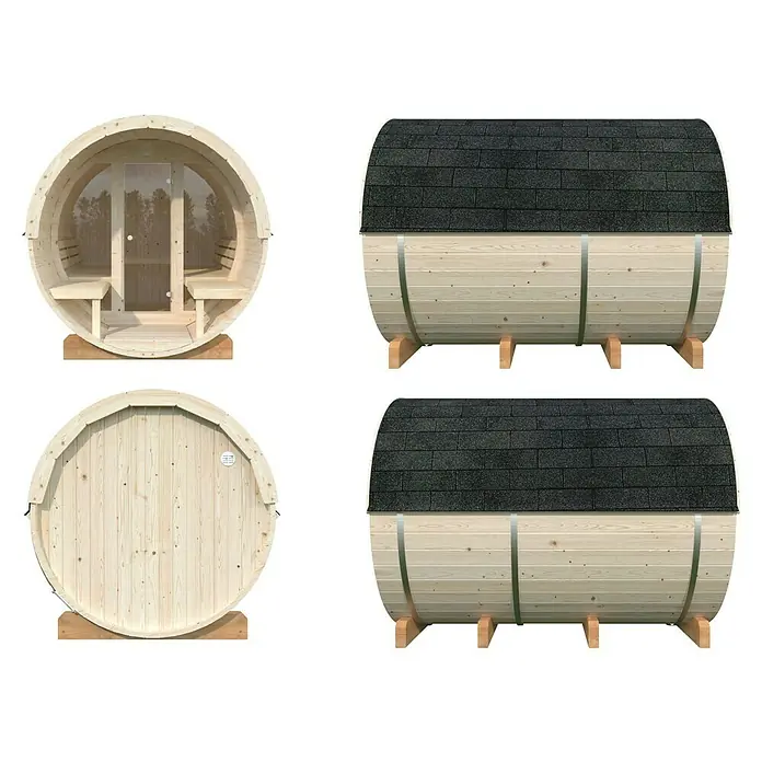 Palmako Fasssauna Anita - Natur, Ohne Ofen, Verglaste Front, 294 x 226 x 225 cm - Fasssauna mit Zedernholzverkleidung und Bänken. Das Äußere der Sauna ist mit dunklen Schindeln und Metallbändern verziert.