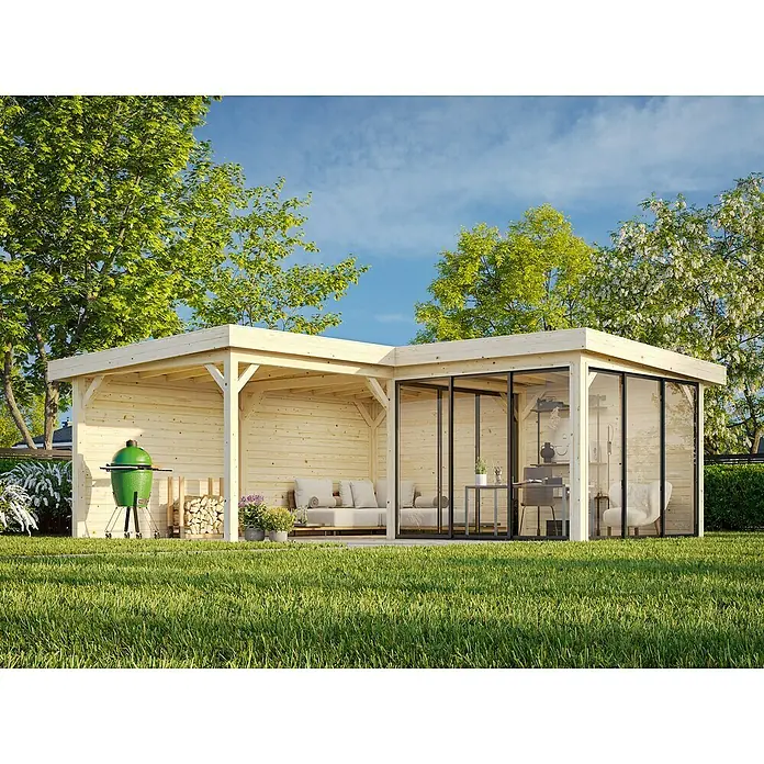 Palmako Caseta de jardín Lenna Set 412 Slide - Medidas ext. (An x Pr): 628 x 628 cm, Madera, Natural - Una caseta de jardín moderna con zona de barbacoa y espacio para relajarse. La fachada de cristal ofrece un ambiente luminoso y acogedor.