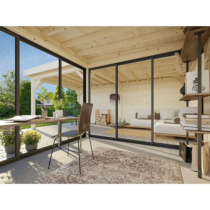 Palmako Caseta de jardín Lenna Set 712 Slide Plus - Medidas ext. (An x Pr): 628 x 628 cm, Madera, Natural - Casa de madera luminosa con grandes ventanas, diseño minimalista y decoración acogedora. Refugio acogedor con luz natural.