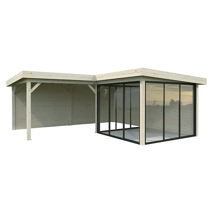 Palmako Caseta de jardín Lenna Set 712 Slide Plus - Medidas ext. (An x Pr): 628 x 628 cm, Madera, Natural - Imagen de una moderna caseta de jardín con grandes superficies de vidrio y una estructura abierta de madera, que ofrece una extensión elegante al espacio exterior.