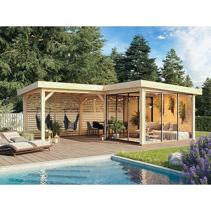 Palmako Caseta de jardín Lenna Set 711 Slide Plus - Medidas ext. (An x Pr): 628 x 628 cm, Madera, Natural - Moderna pérgola de jardín de madera con paredes de vidrio y sillas colgantes junto a una piscina.